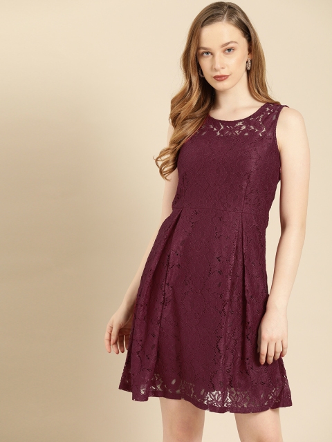 

Ms.Taken Women Burgundy Self Design Fit and Flare Lace Dress