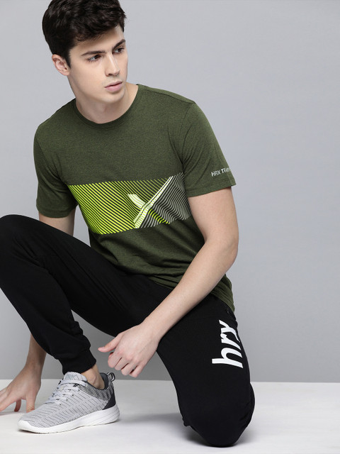 

HRX by Hrithik Roshan Men Green Melange Printed Rapid-Dry Antimicrobial Training T-shirt, Olive