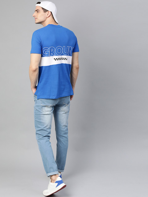

HRX by Hrithik Roshan Men Blue & White Lifestyle Bio-Wash Colourblocked T-shirt