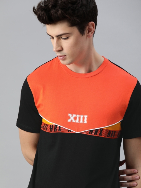 

Hrx By Hrithik Roshan Men Black Orange Colourblocked Bio-Wash Lifestyle Tshirts