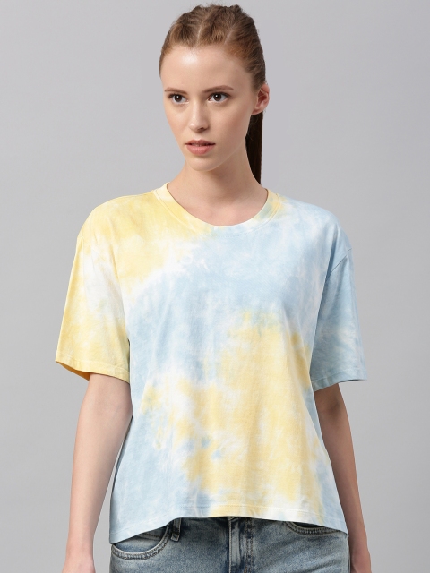 

HRX by Hrithik Roshan Women Blue Yellow Tie Dye Lifestyle Pure Cotton T-shirt