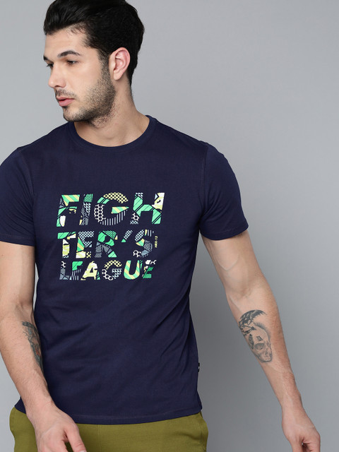 

HRX by Hrithik Roshan Men Navy Blue Green Printed Lifestyle Bio-Wash Pure Cotton T-shirt