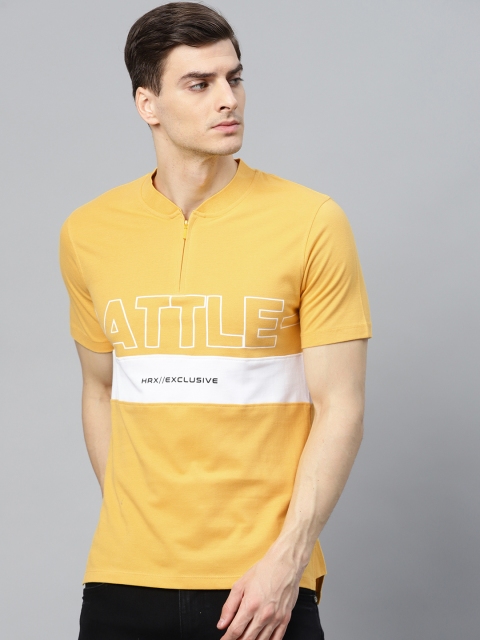 

HRX by Hrithik Roshan Men Mustard Yellow & White Colourblocked Lifestyle Bio-Wash T-shirt