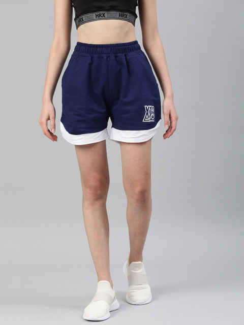 

HRX by Hrithik Roshan Women Navy Colourblock Regular Fit High Rise Lifestyle Shorts, Navy blue