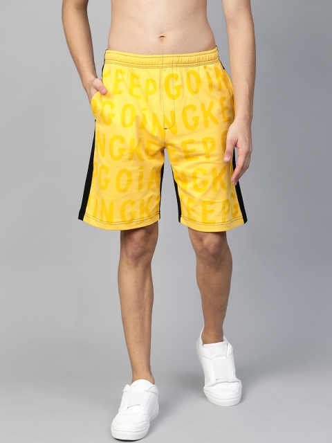 

HRX by Hrithik Roshan Men Mustard Yellow Printed Slim Fit Bio-Wash Lycra Lifestyle Shorts