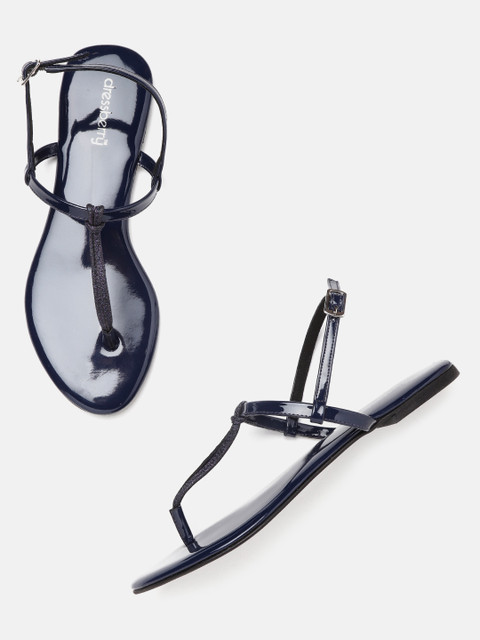 

DressBerry Women Navy Blue Solid T-Strap Flats