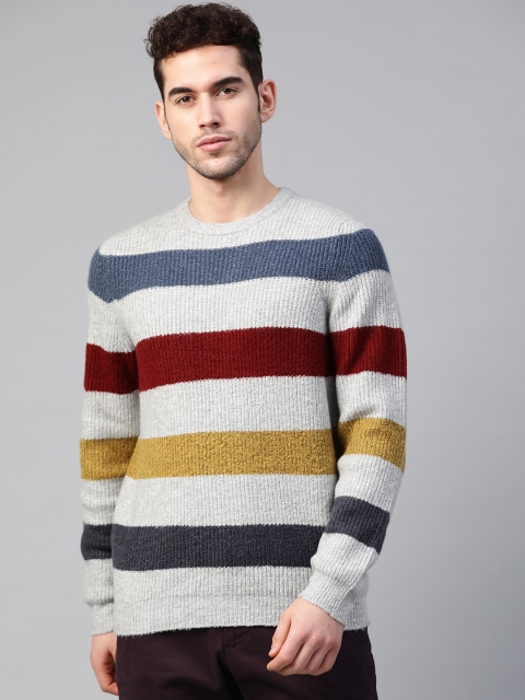 

Marks & Spencer Men Grey & Maroon Striped Pullover Sweater