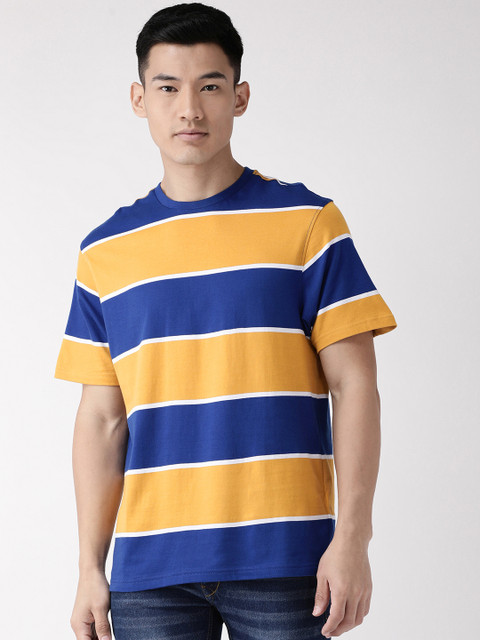 

Marks & Spencer Men Navy Blue & Mustard Yellow Striped Round Neck T-shirt
