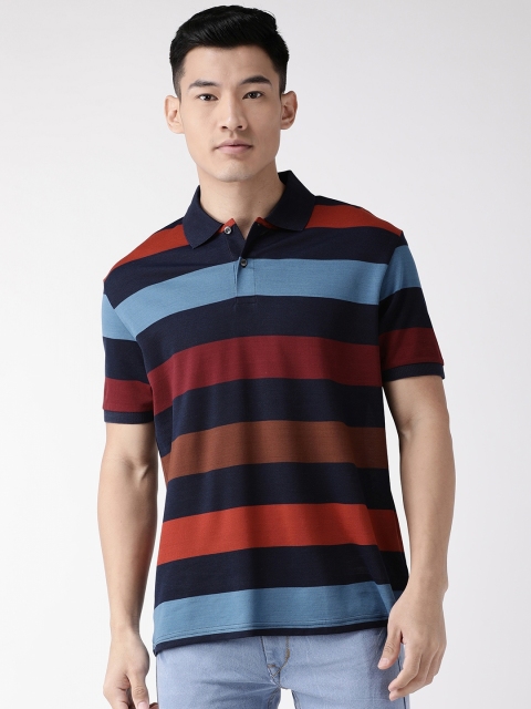 

Marks & Spencer Men Blue & Rust Orange Striped Polo Collar T-shirt