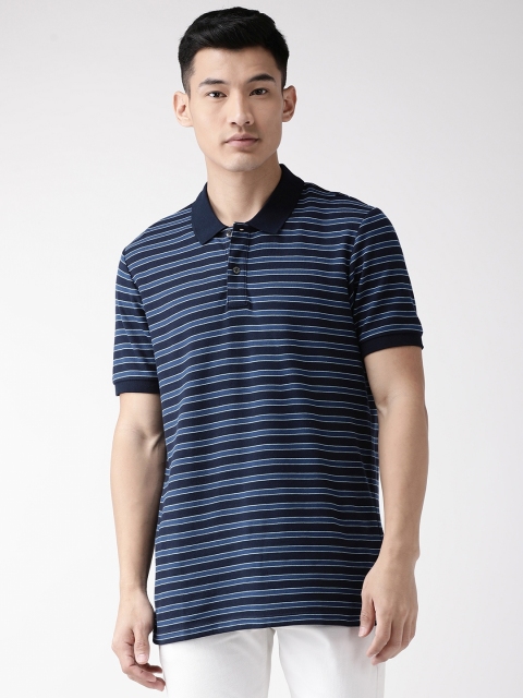 

Marks Spencer Men Blue Striped Polo Collar Pure Cotton T-shirt