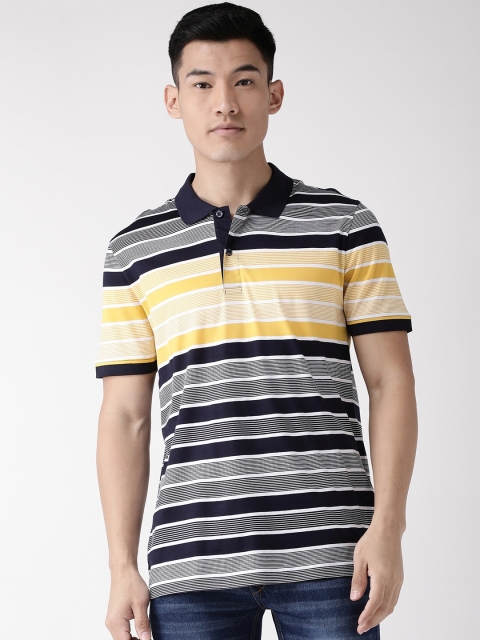 

Marks & Spencer Men Navy & Yellow Striped Polo Collar T-shirt, Navy blue