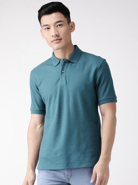 

Marks Spencer Men Teal Green Slim Fit Solid Polo Collar Pure Cotton T-shirt