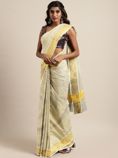 

The Chennai Silks Off-White & Gold-Toned Pure Cotton Solid Kasavu Saree With Embellishment