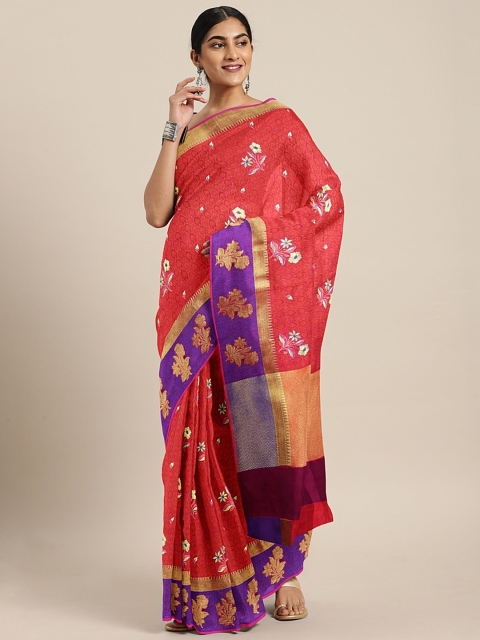 

The Chennai Silks Classicate Coral Red & Purple Organza Embroidered Banarasi Saree