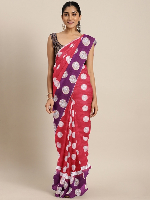 

The Chennai Silks Coral Red & Silver-Toned Jute Cotton Woven Design Banarasi Saree