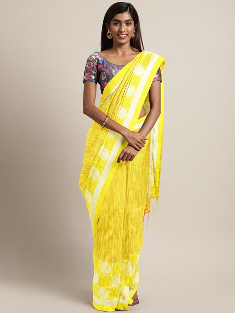 

The Chennai Silks Classicate Yellow & Silver-Toned Silk Cotton Striped Kovai Saree
