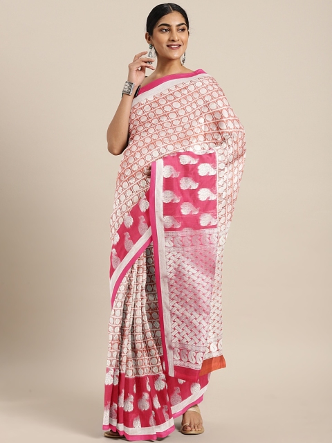 

The Chennai Silks Classicate Silver-Toned & Pink Silk Cotton Woven Design Kovai Saree