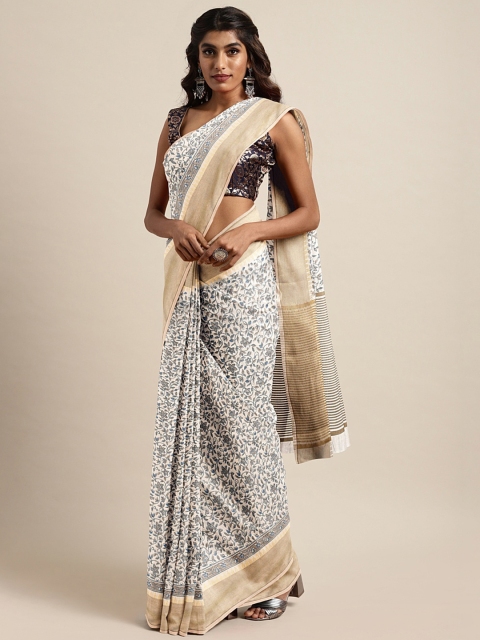 

The Chennai Silks Beige & Grey Cotton Blend Printed Chanderi Saree