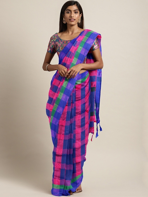 

The Chennai Silks Classicate Blue & Pink Poly Silk Checked Banarasi Saree