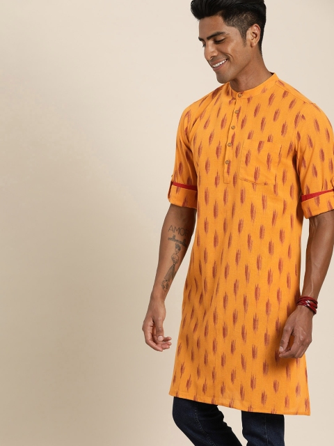 

Taavi Men Mustard Yellow & Maroon Ikat Woven Design Straight Sustainable Kurta with Roll-Up Sleeves