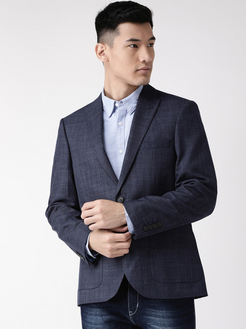 

Marks & Spencer Men Navy Checked Tailored Fit Single-Breasted Blazer, Navy blue