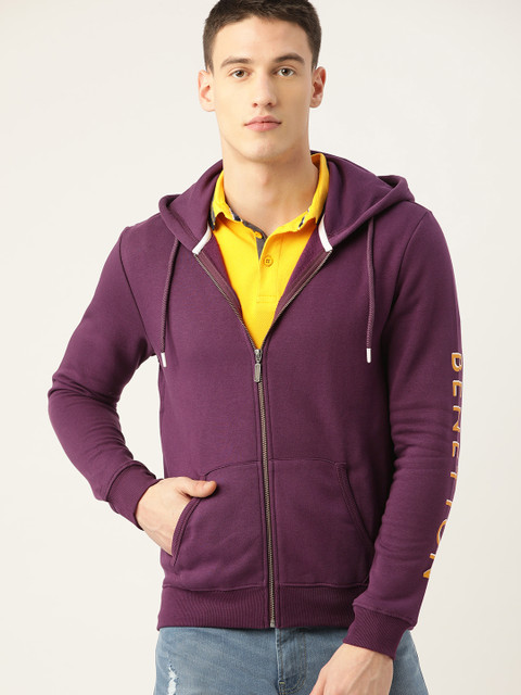 

United Colors of Benetton Men Purple Solid Hooded Sweatshirt
