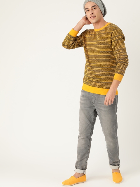 

United Colors of Benetton Men Mustard Yellow & Brown Striped Pullover Sweater