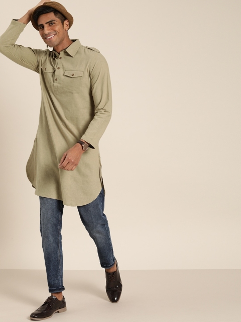

Taavi Men Olive Green Handloom Woven Legacy Sustainable Kurta with Chest Pockets