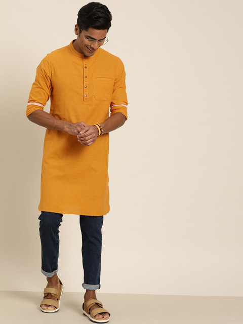 

Taavi Men Mustard Yellow Handloom Woven Legacy Sustainable Kurta with Half Button Placket