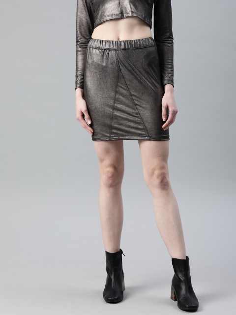 

I AM FOR YOU Women Charcoal Grey Solid Sheen Straight Skirt