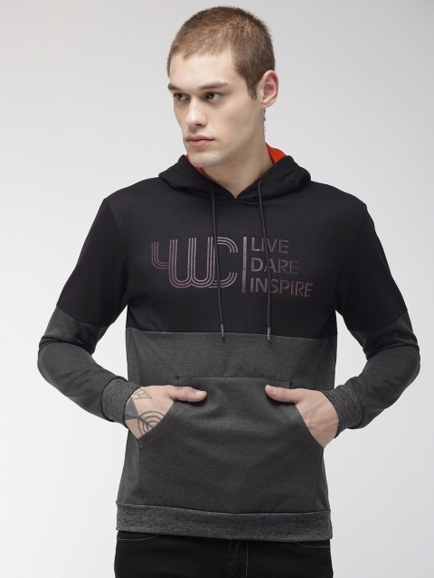 

YWC Men Charcoal Grey & Black Printed Hooded Sweatshirt