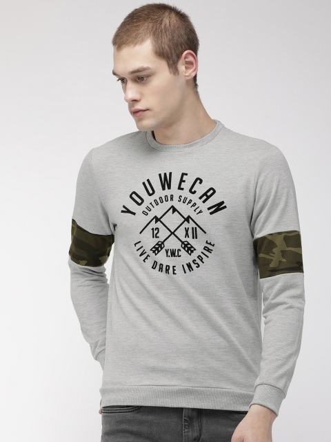 

YWC Men Grey Melange & Black Printed Sweatshirt