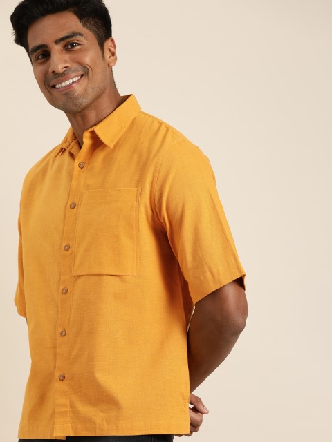 

Taavi Men Mustard Yellow Handloom Woven Legacy Sustainable Shirt with One Pocket