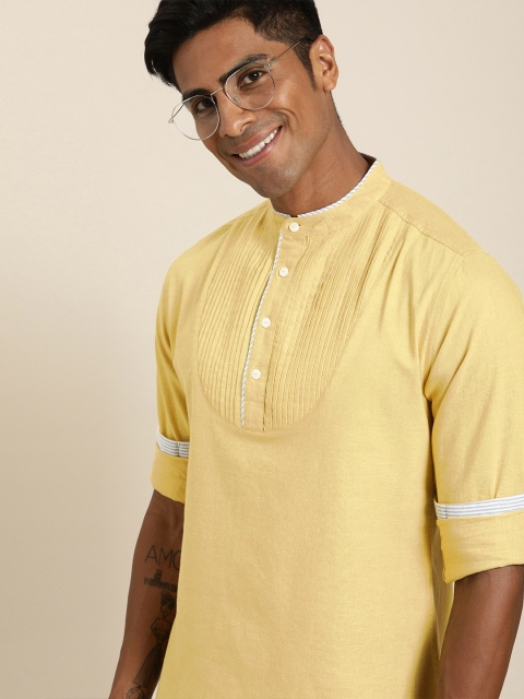 

Taavi Men Yellow Handloom Woven Legacy Sustainable Shirt with Mandarin Collar & Gathered Detailing