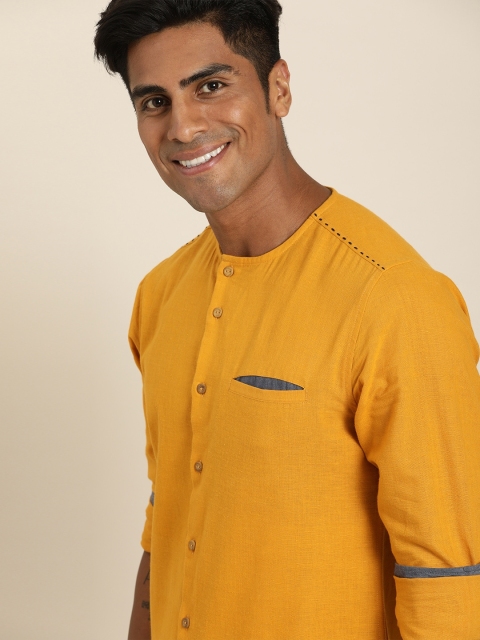 

Taavi Men Mustard Yellow Handloom Woven Legacy Sustainable Shirt with Welt Pocket
