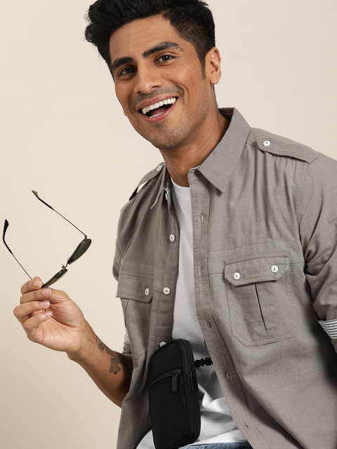 

Taavi Men Grey Handloom Woven Legacy Shirt with Tab Detail on Shoulder