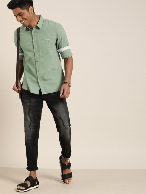 

Taavi Men Green Handloom Woven Legacy Sustainable Shirt with Welt Pocket