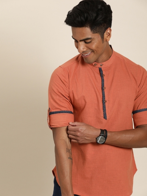 

Taavi Men Coral Orange Handloom Woven Legacy Sustainable Shirt with Half Button Placket & Roll-Up Tabs