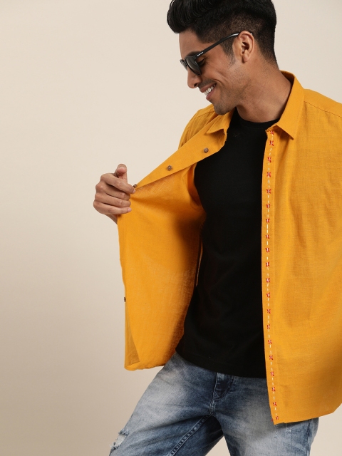 

Taavi Men Mustard Yellow Handloom Woven Legacy Sustainable Shirt with Roll-Up Tab