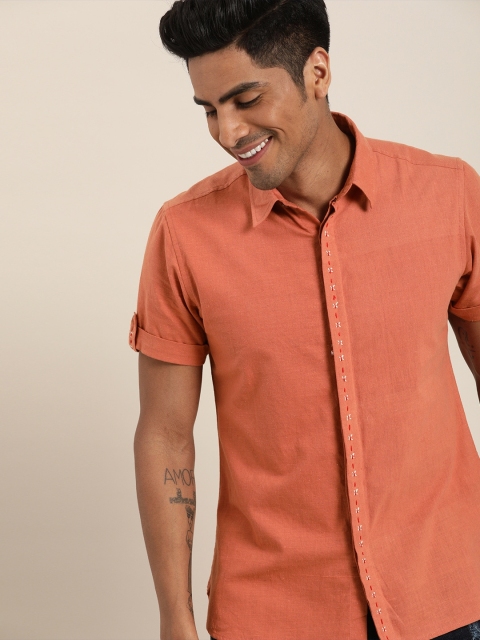 

Taavi Men Peach-Coloured Handloom Woven Legacy Sustainable Shirt with Roll-Up Tab