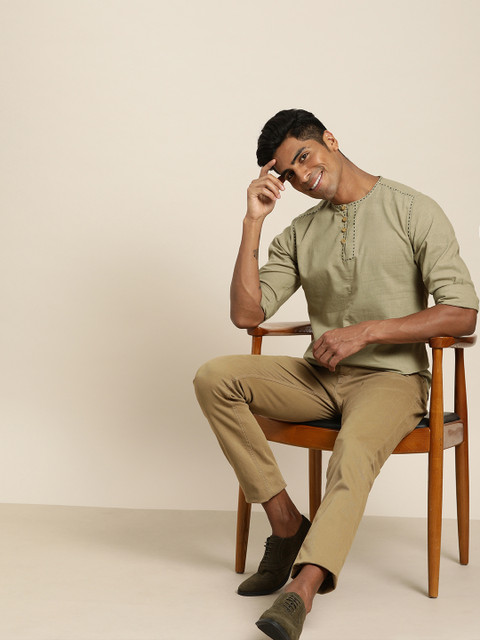 

Taavi Men Olive Green Handloom Woven Legacy Shirt with Half Button Placket