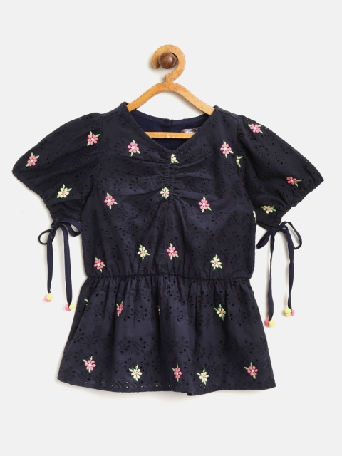 

Nauti Nati Girls Navy Blue Embroidered Cinched Waist Top