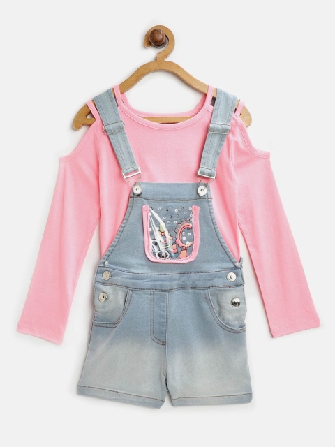 

Nauti Nati Girls Blue & Pink Solid Top with Denim Dungarees