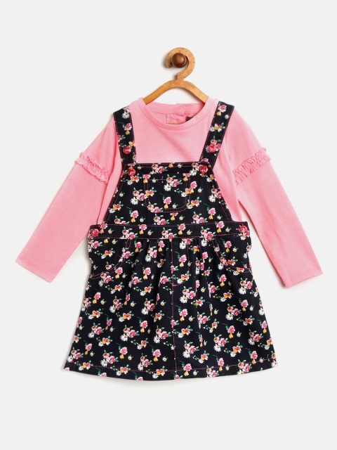 

Nauti Nati Girls Navy Blue & Pink Floral Print Pinafore Dress with Top