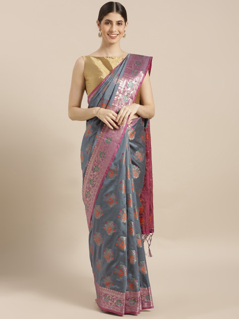 

PACHE Charcoal Grey & Gold-Toned Art Silk Woven Design Banarasi Saree
