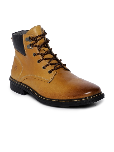 

LEO CLAWS Men Tan Brown Solid Leather Mid-Top Flat Boots