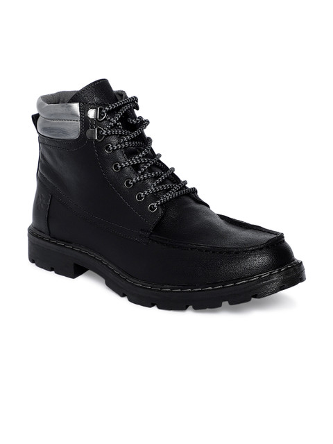 

LEO CLAWS Men Black Solid Leather Mid-Top Flat Boots