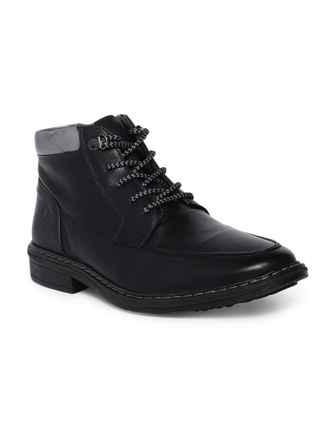 

LEO CLAWS Men Black Solid Leather Mid-Top Flat Boots