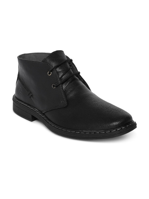 

LEO CLAWS Men Black Solid Leather Mid-Top Flat Boots