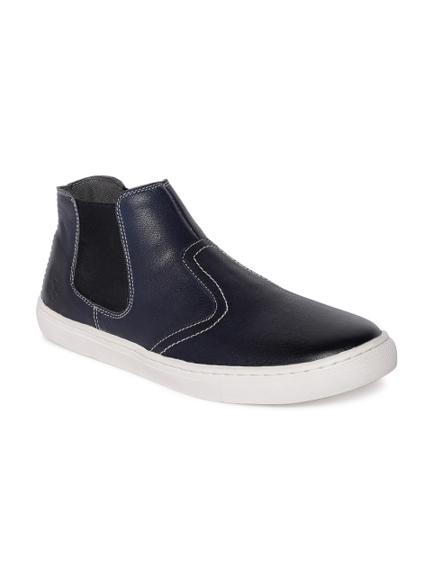 

LEO CLAWS Men Navy Blue Solid Leather Lightweight Mid-Top Slip-On Sneakers